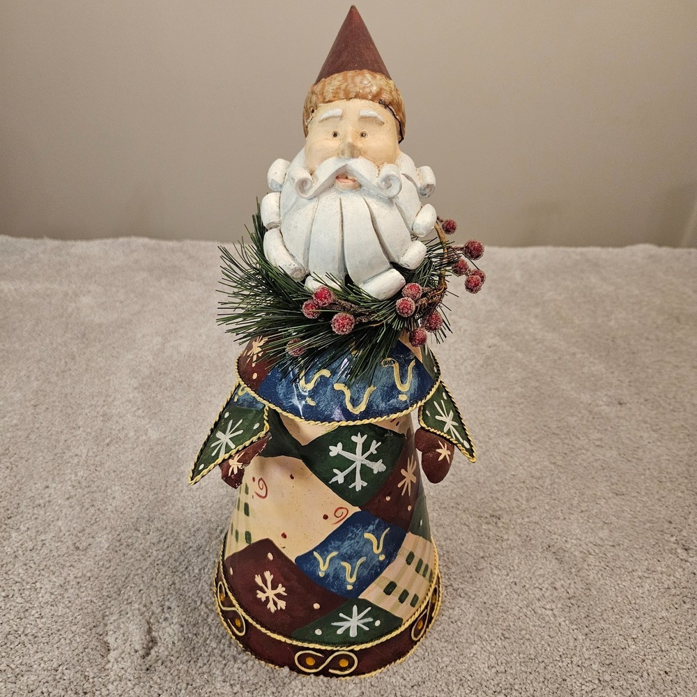 Hand Painted Metal Santa Cone Figurine 14" Folk Art Christmas Decor Patchwork